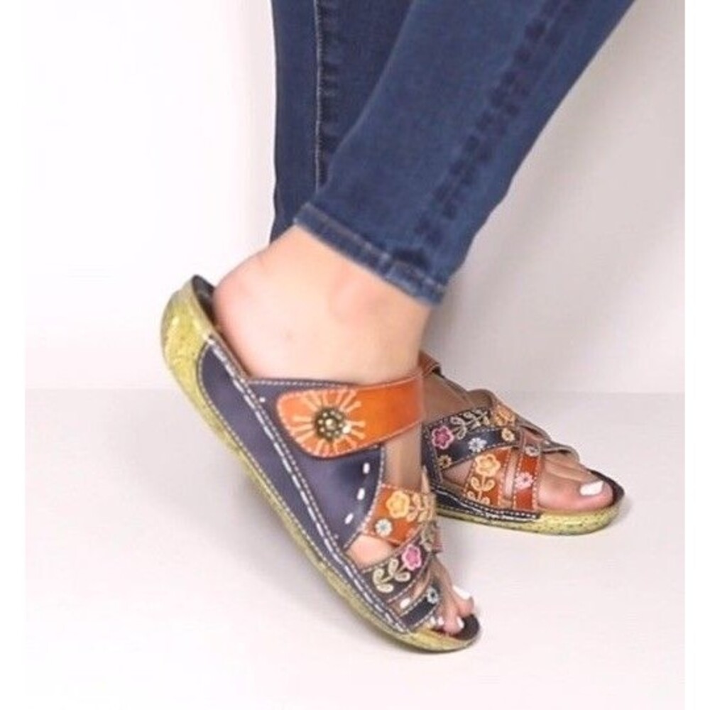 L'Artiste by Spring Step Womens Leigh Leather Slide Sandal Navy Multi EU37 6.5-7